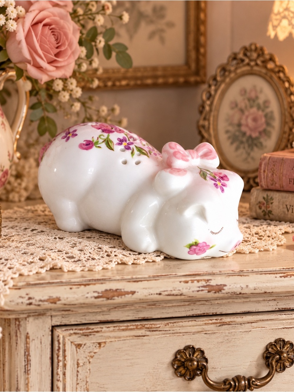 Vintage 1978 Avon Pink Piglet  Porcelain Floral Piglet Pomander Sachet Holder